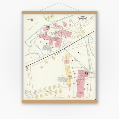 Old map wall art mockup — magnetic wood frame on white wall — Sanborn Fire Insurance Map from Rockingham, Richmond County, North Carolina (1918), Sheet #0004