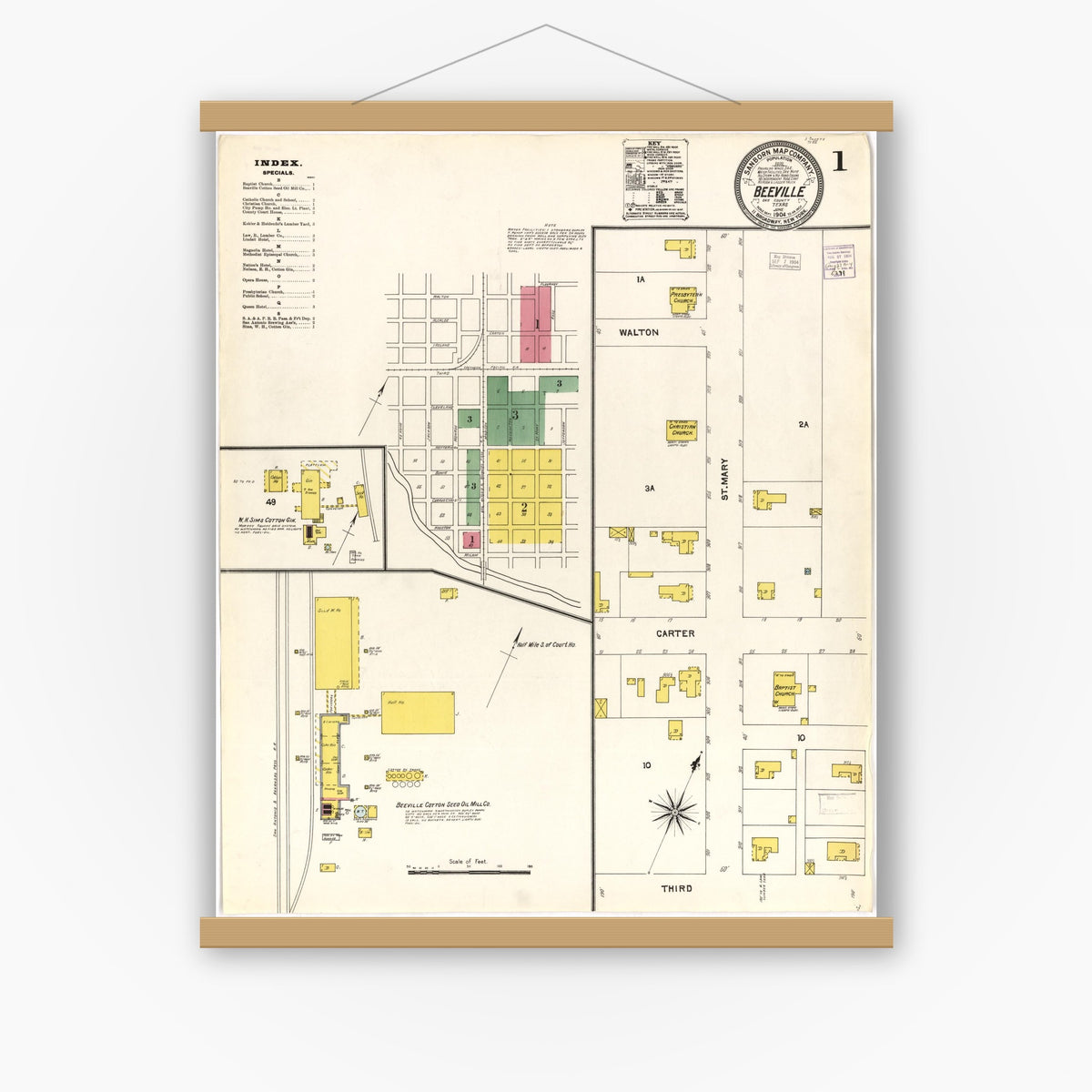 Old map wall art mockup — magnetic wood frame on white wall — Sanborn Fire Insurance Map from Beeville, Bee County, Texas (1904), Sheet #0001