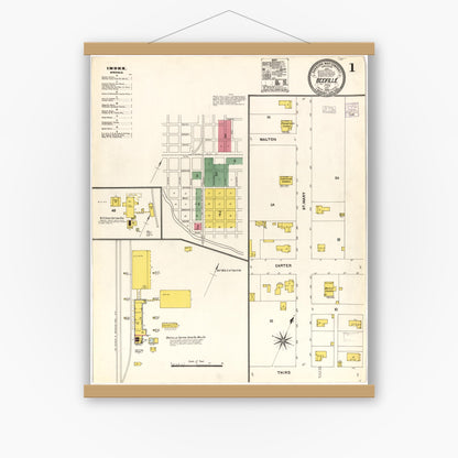 Old map wall art mockup — magnetic wood frame on white wall — Sanborn Fire Insurance Map from Beeville, Bee County, Texas (1904), Sheet #0001