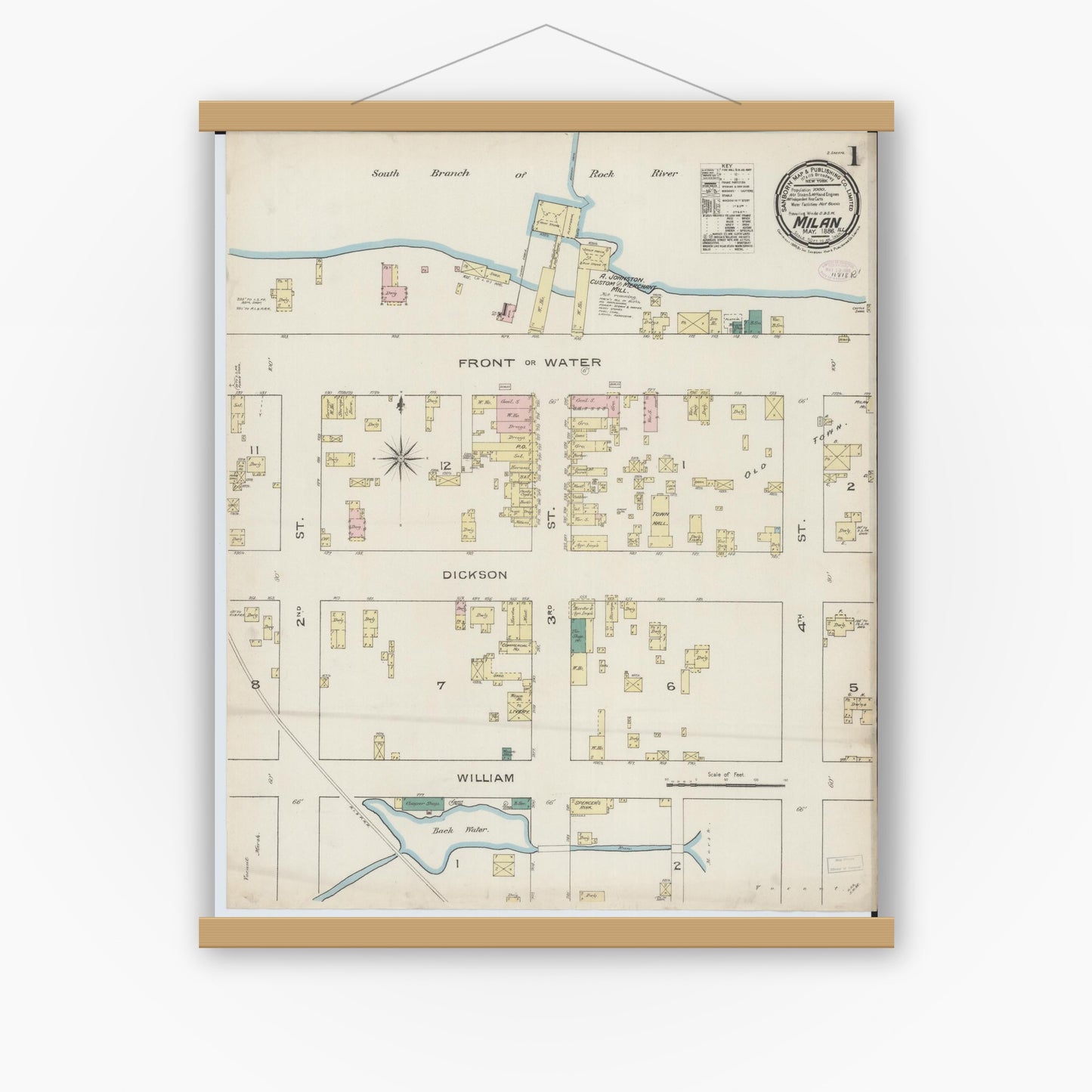 Old map wall art mockup — magnetic wood frame on white wall — Sanborn Fire Insurance Map from Milan, Rock Island County, Illinois (1886) - Complete Map Set