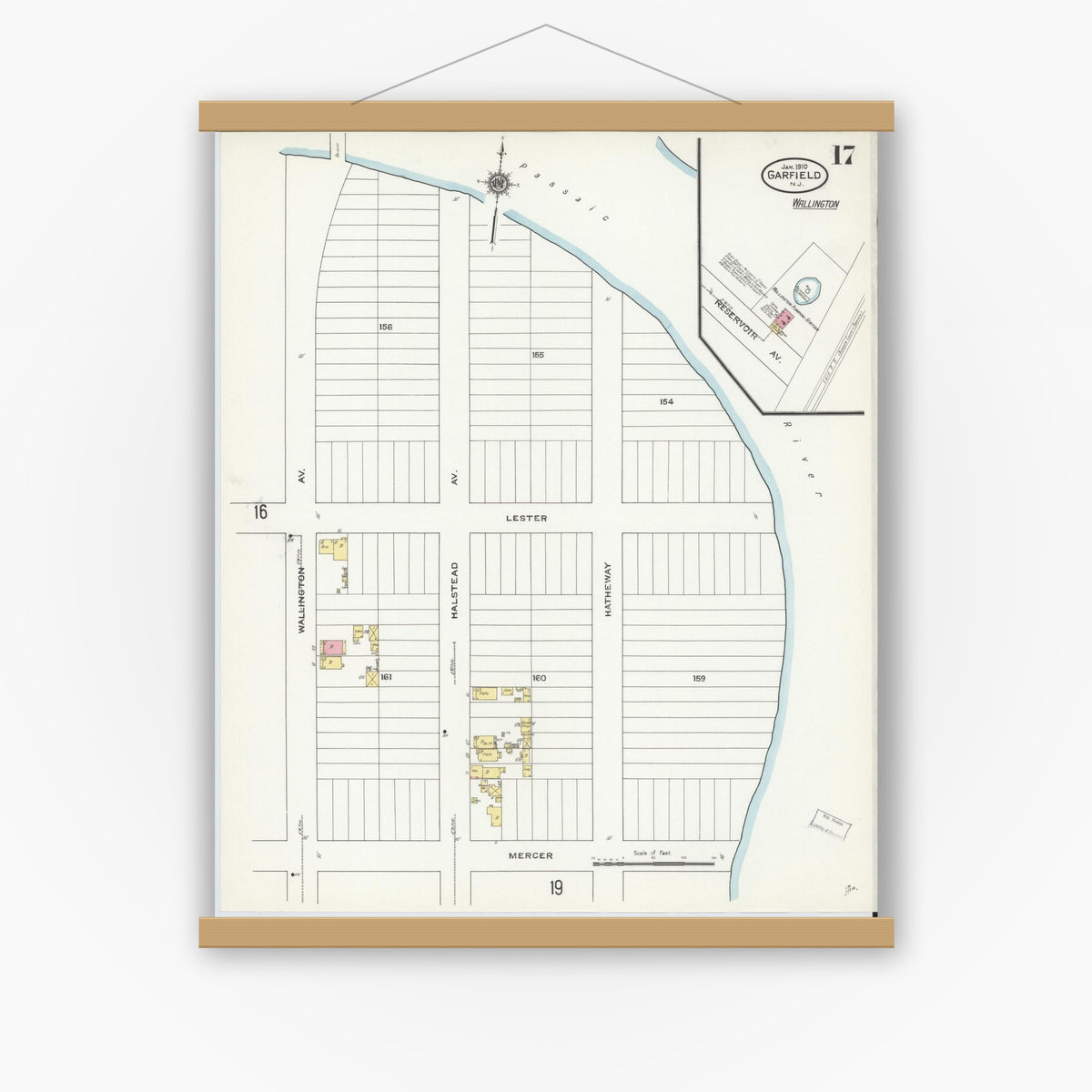 Old map wall art mockup — magnetic wood frame on white wall — Sanborn Fire Insurance Map from Garfield, Bergen County, New Jersey (1910), Sheet #0017