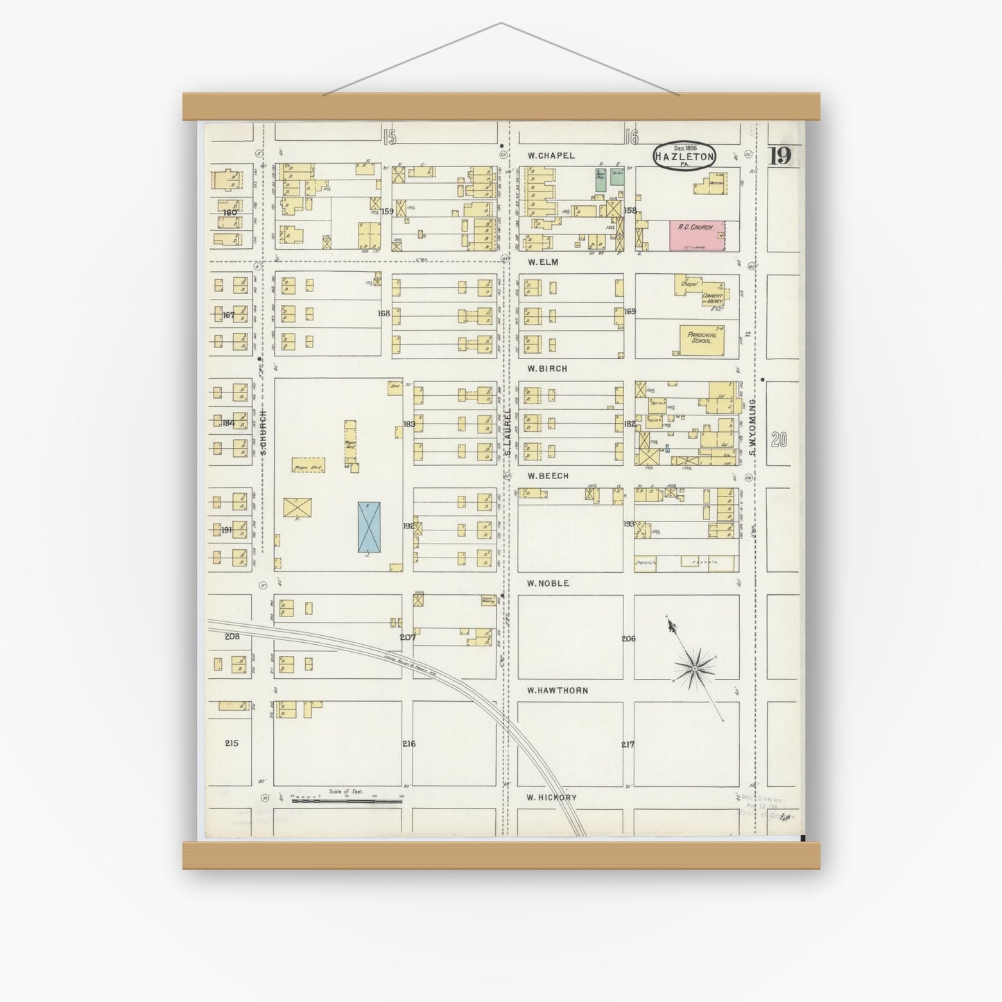 Old map wall art mockup — magnetic wood frame on white wall — Sanborn Fire Insurance Map from Hazleton, Luzerne County, Pennsylvania (1895), Sheet #0019