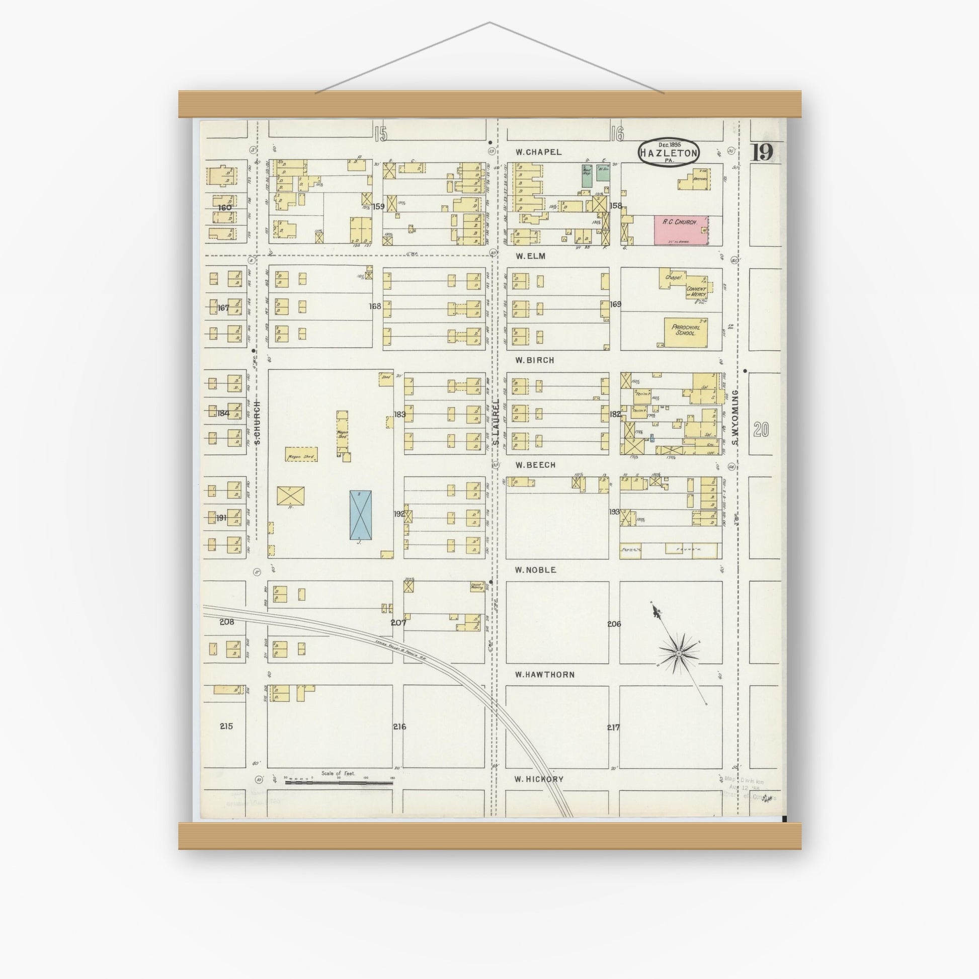Old map wall art mockup — magnetic wood frame on white wall — Sanborn Fire Insurance Map from Hazleton, Luzerne County, Pennsylvania (1895), Sheet #0019