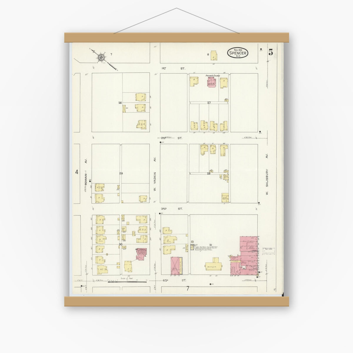 Old map wall art mockup — magnetic wood frame on white wall — Sanborn Fire Insurance Map from Spencer, Rowan County, North Carolina (1913), Sheet #0005