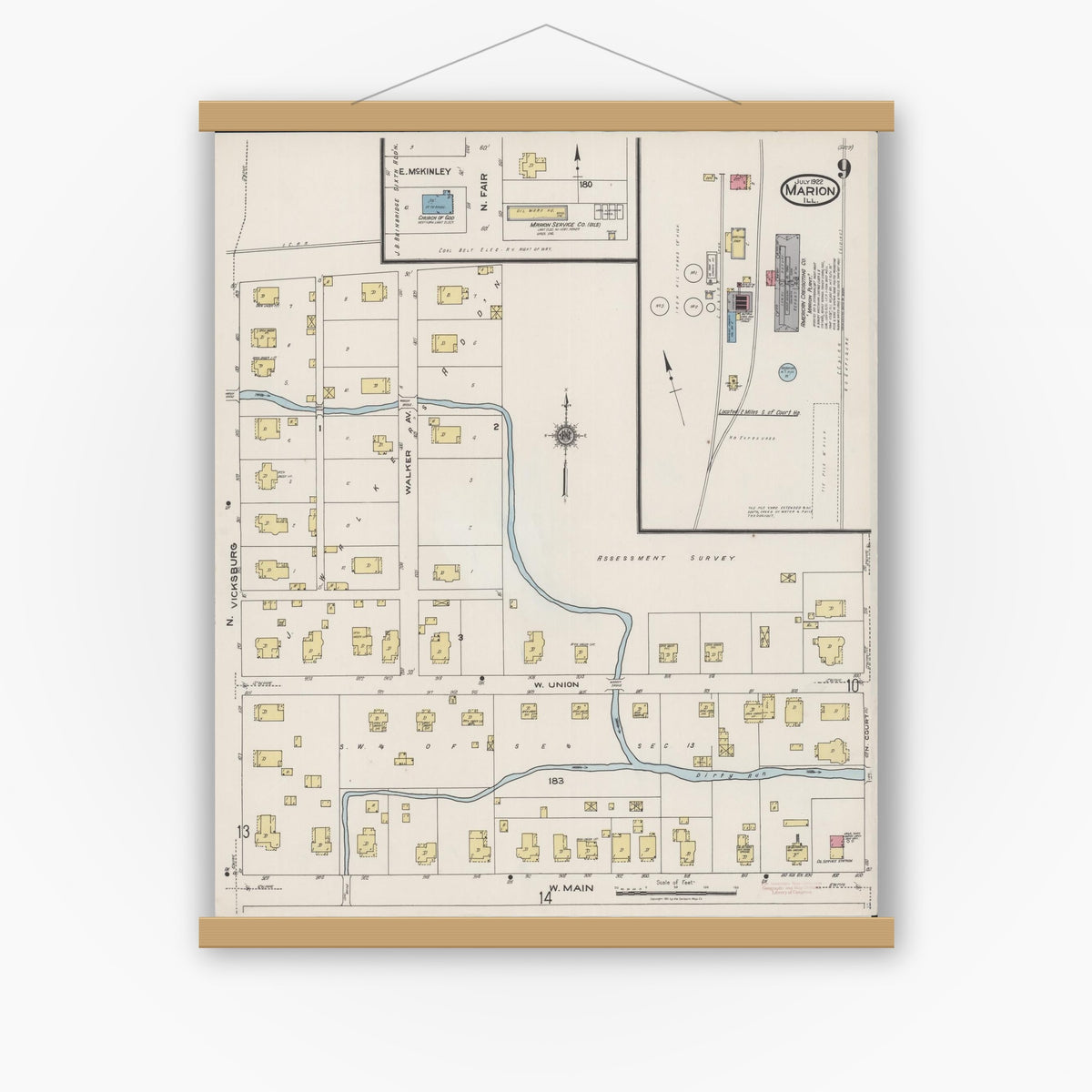 Old map wall art mockup — magnetic wood frame on white wall — Sanborn Fire Insurance Map from Marion, Williamson County, Illinois (1922), Sheet #0009