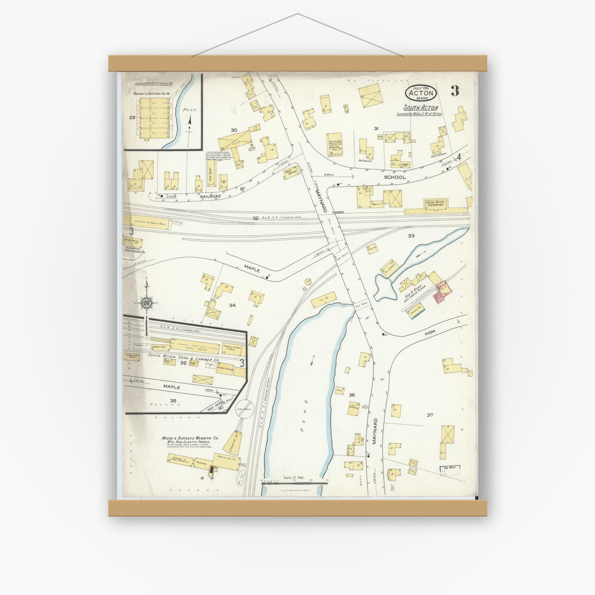 Old map wall art mockup — magnetic wood frame on white wall — Sanborn Fire Insurance Map from Acton, Middlesex County, Massachusetts (1916), Sheet #0003