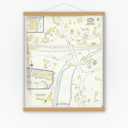 Old map wall art mockup — magnetic wood frame on white wall — Sanborn Fire Insurance Map from Acton, Middlesex County, Massachusetts (1916), Sheet #0003