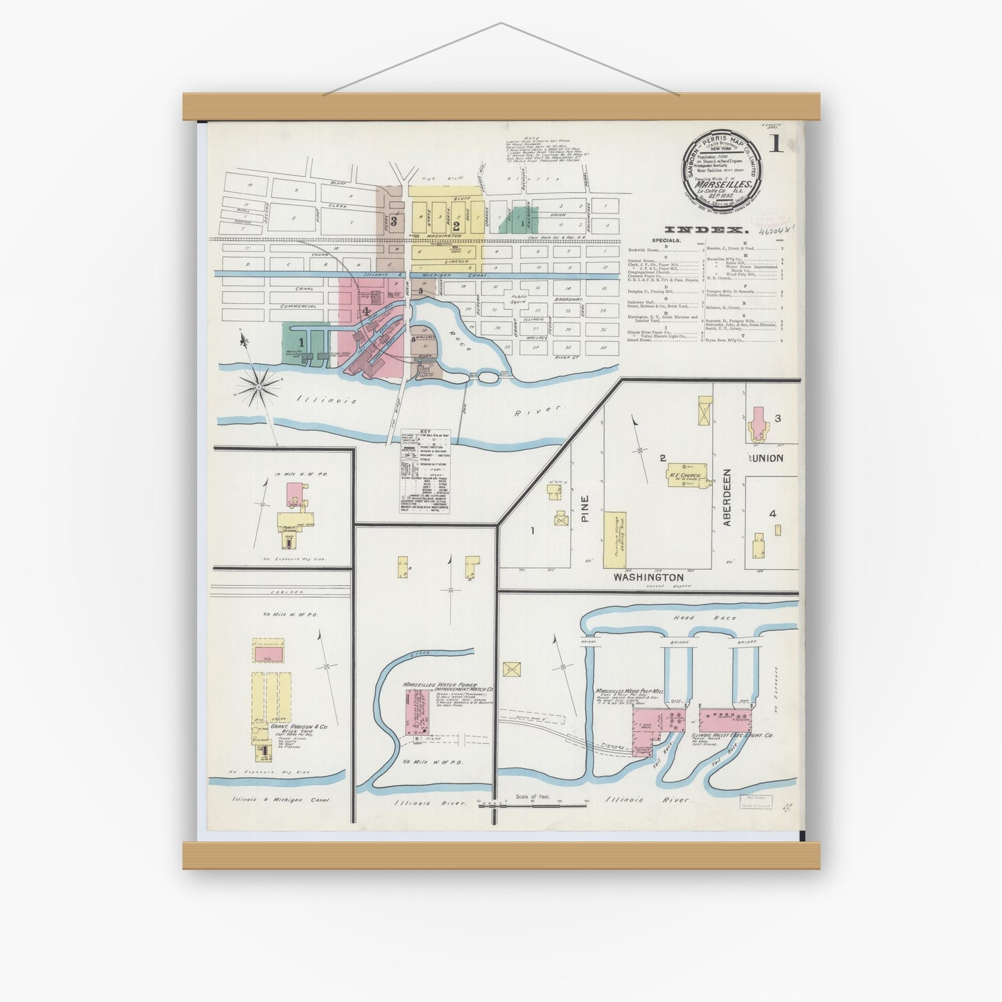 Old map wall art mockup — magnetic wood frame on white wall — Sanborn Fire Insurance Map from Marseilles, La Salle County, Illinois (1892), Sheet #0001