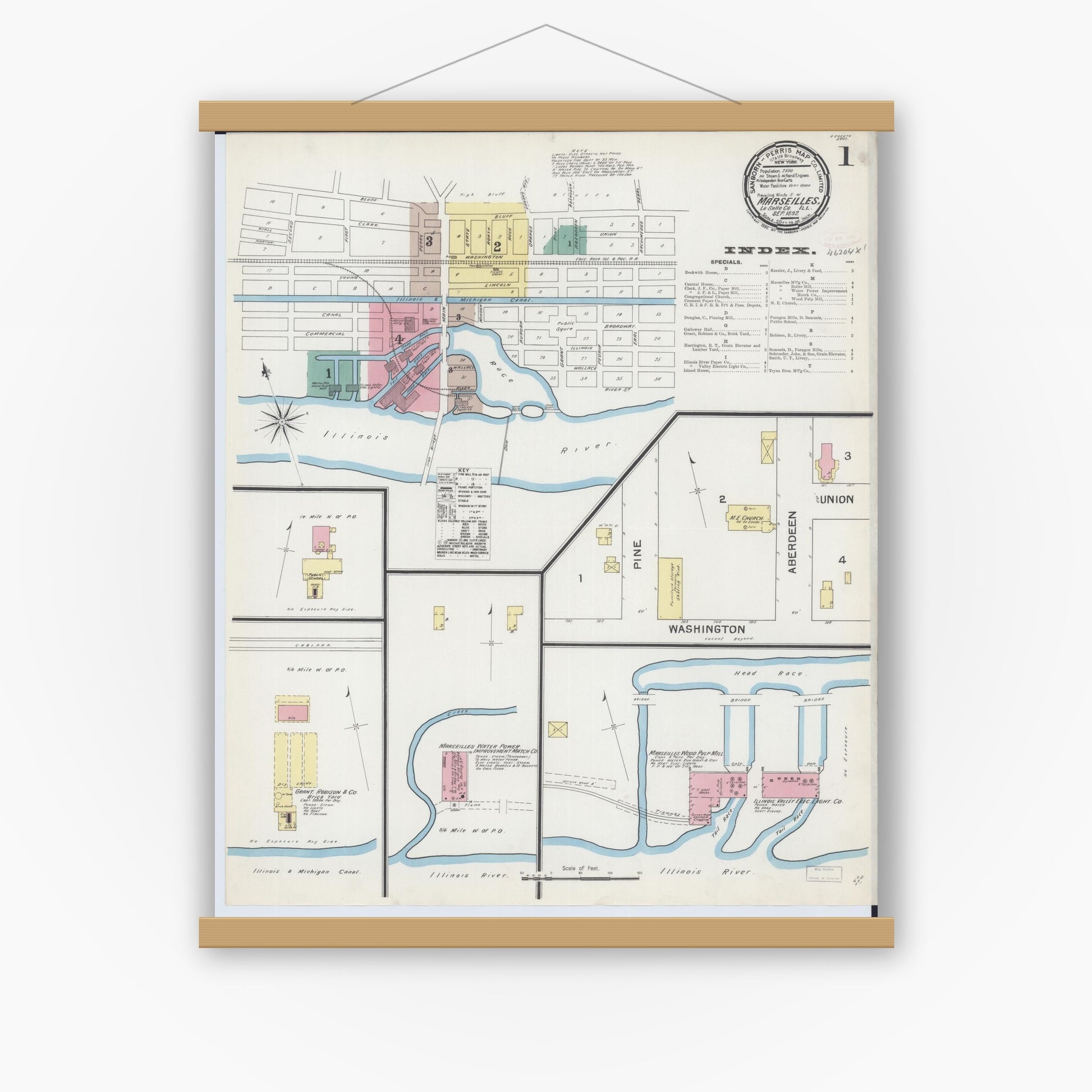 Old map wall art mockup — magnetic wood frame on white wall — Sanborn Fire Insurance Map from Marseilles, La Salle County, Illinois (1892), Sheet #0001