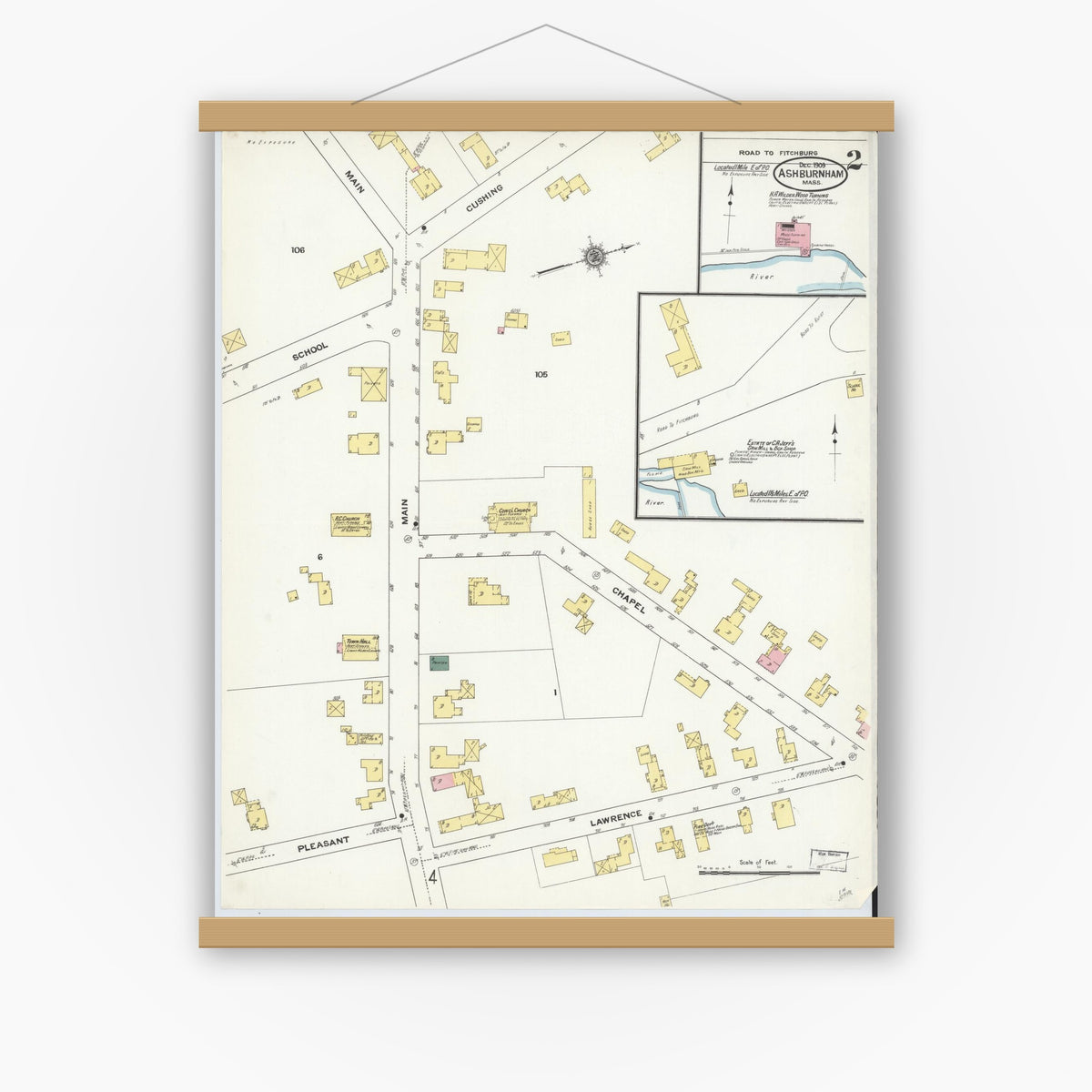 Old map wall art mockup — magnetic wood frame on white wall — Sanborn Fire Insurance Map from Ashburnham, Worcester County, Massachusetts (1909), Sheet #0002