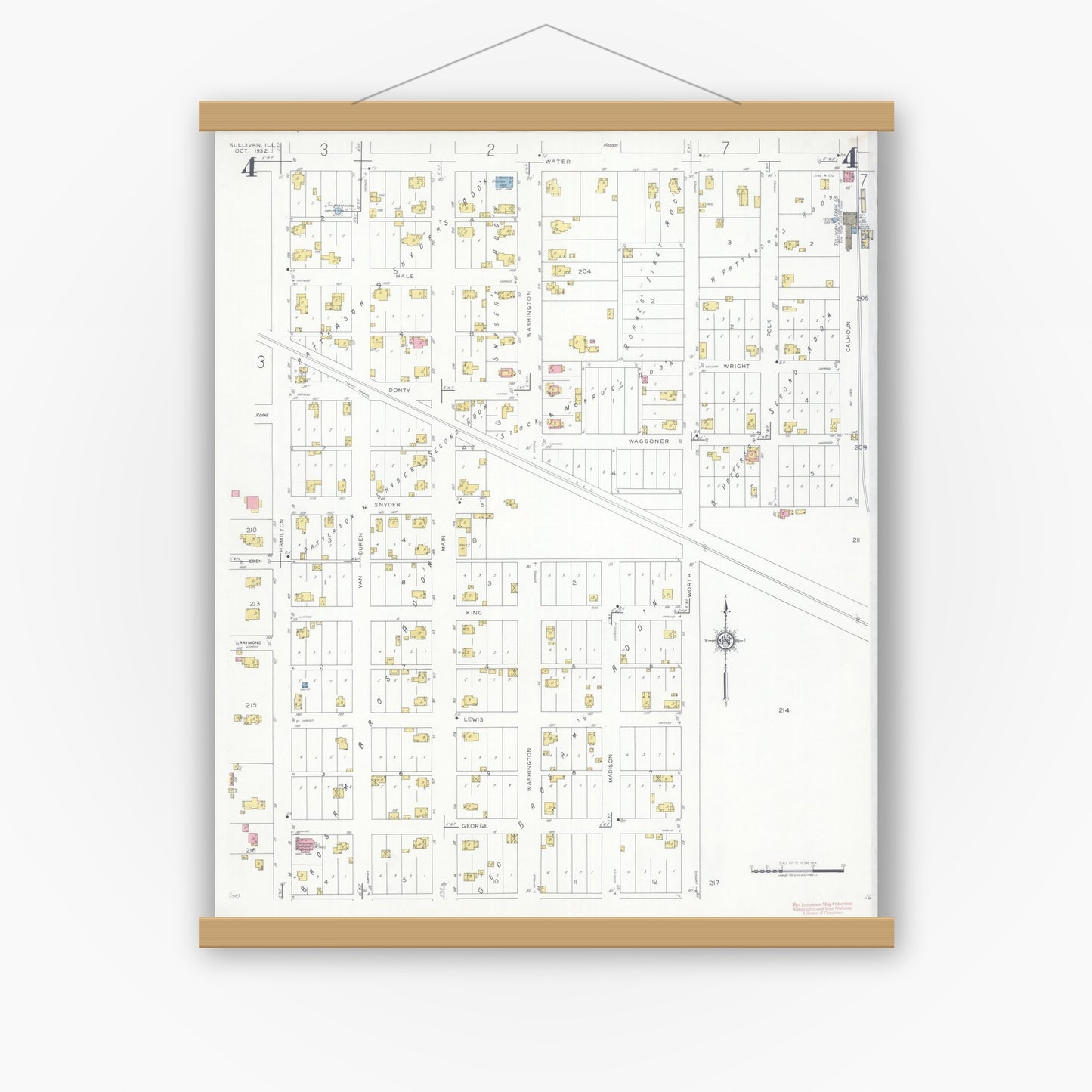 Old map wall art mockup — magnetic wood frame on white wall — Sanborn Fire Insurance Map from Sullivan, Moultrie County, Illinois (1932), Sheet #0004