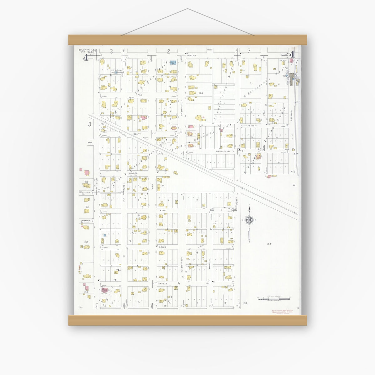 Old map wall art mockup — magnetic wood frame on white wall — Sanborn Fire Insurance Map from Sullivan, Moultrie County, Illinois (1932), Sheet #0004
