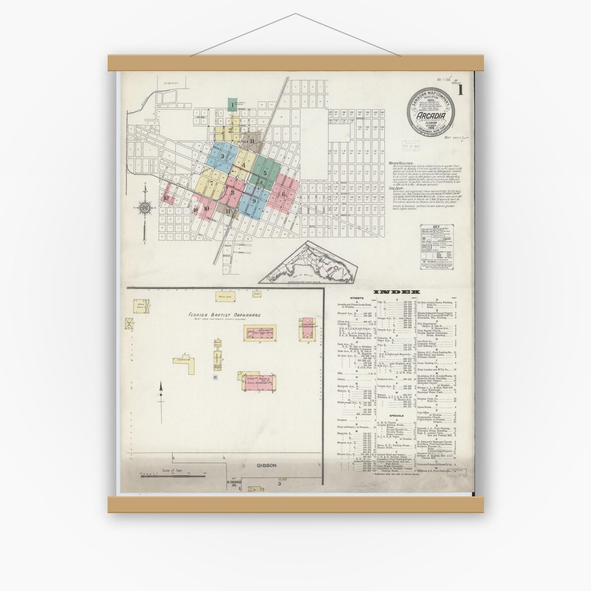 Old map wall art mockup — magnetic wood frame on white wall — Sanborn Fire Insurance Map from Arcadia, DeSoto County, Florida (1914) - Complete Map Set