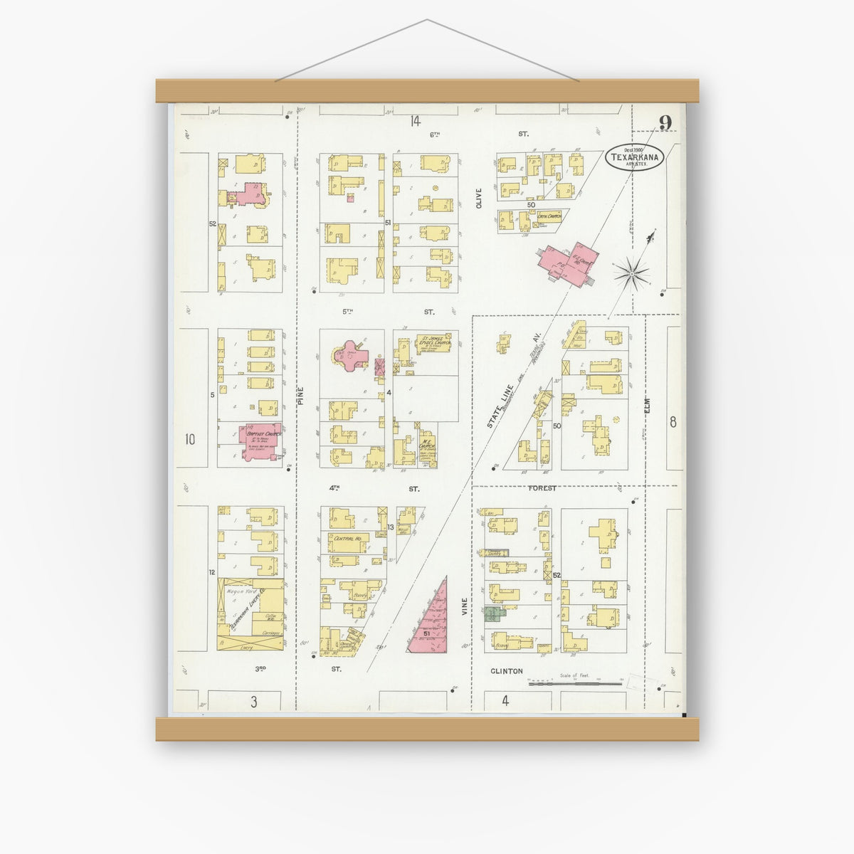 Old map wall art mockup — magnetic wood frame on white wall — Sanborn Fire Insurance Map from Texarkana, Bowie County, Texas (1900), Sheet #0009