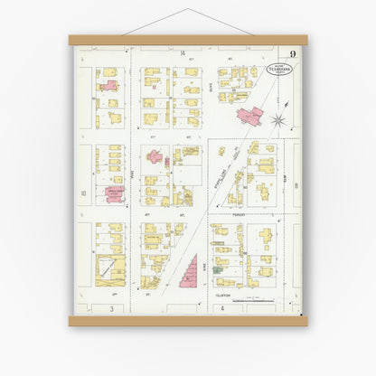 Old map wall art mockup — magnetic wood frame on white wall — Sanborn Fire Insurance Map from Texarkana, Bowie County, Texas (1900), Sheet #0009