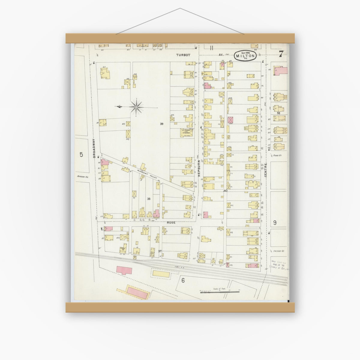 Old map wall art mockup — magnetic wood frame on white wall — Sanborn Fire Insurance Map from Milton, Northumberland County, Pennsylvania (1896), Sheet #0007