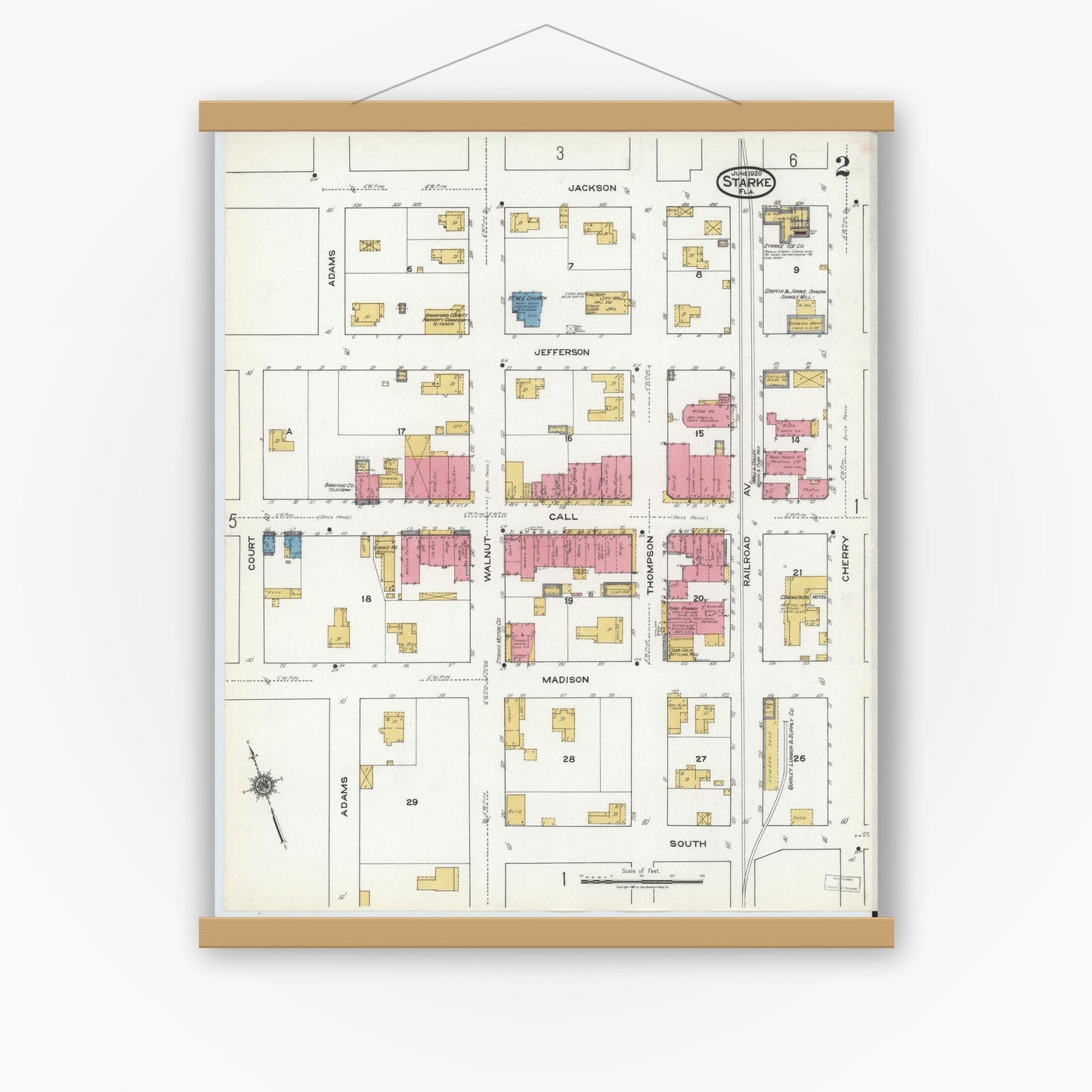 Old map wall art mockup — magnetic wood frame on white wall — Sanborn Fire Insurance Map from Starke, Bradford County, Florida (1920), Sheet #0002
