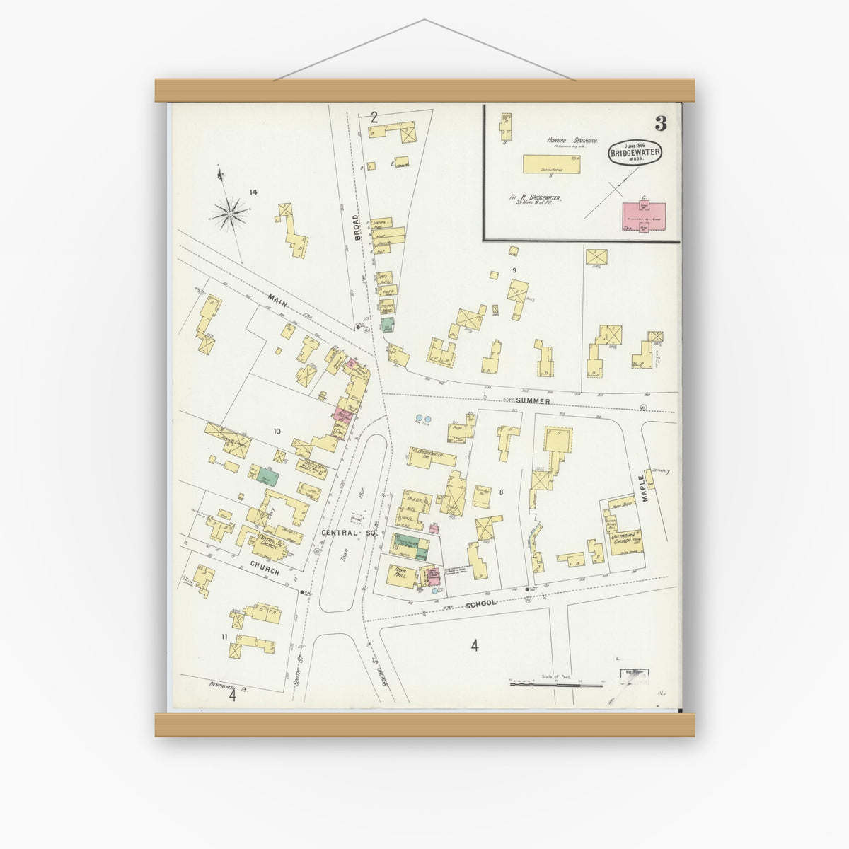 Old map wall art mockup — magnetic wood frame on white wall — Sanborn Fire Insurance Map from Bridgewater, Plymouth County, Massachusetts (1896), Sheet #0003