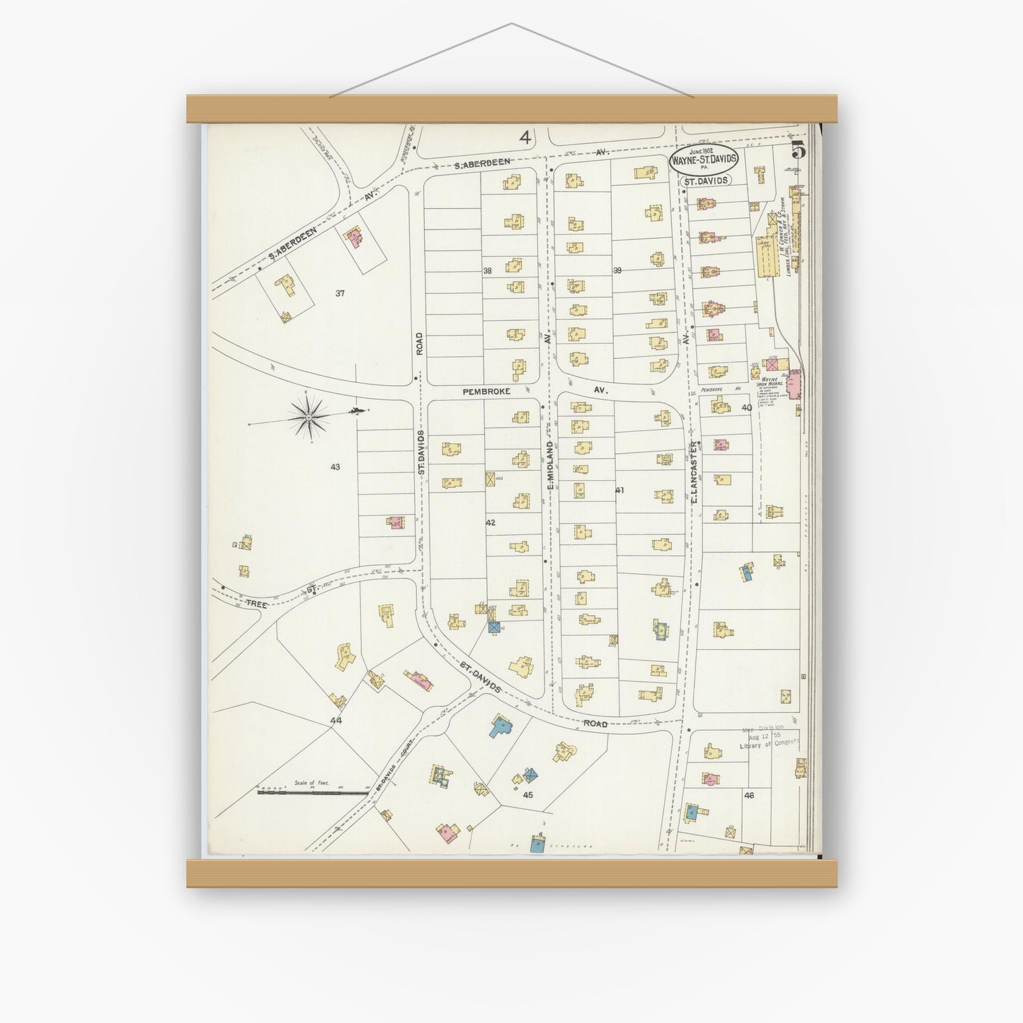 Old map wall art mockup — magnetic wood frame on white wall — Sanborn Fire Insurance Map from Wayne, Delaware County, Pennsylvania (1902), Sheet #0005