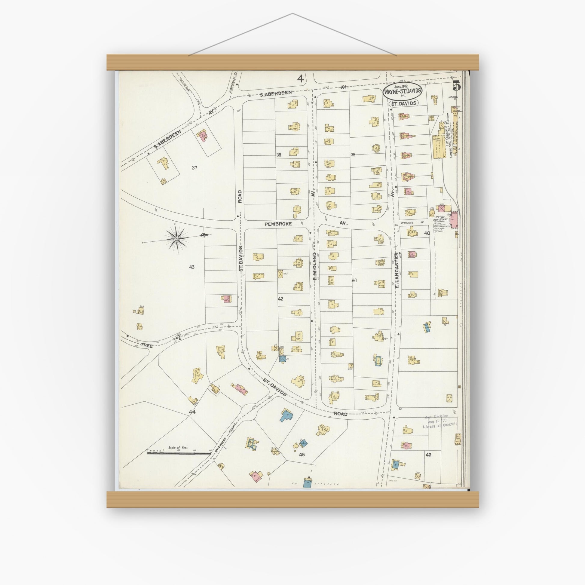 Old map wall art mockup — magnetic wood frame on white wall — Sanborn Fire Insurance Map from Wayne, Delaware County, Pennsylvania (1902), Sheet #0005
