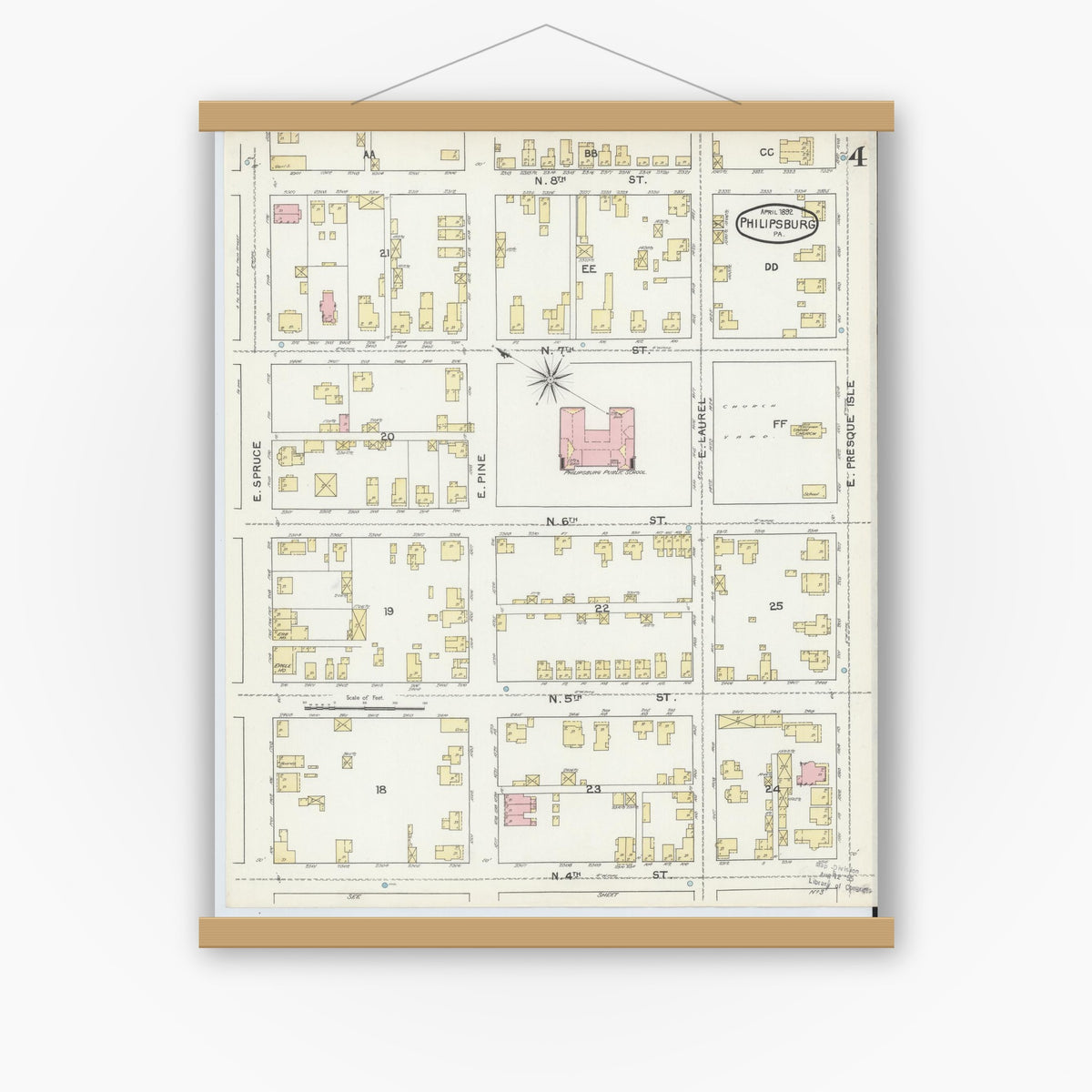 Old map wall art mockup — magnetic wood frame on white wall — Sanborn Fire Insurance Map from Philipsburg, Centre County, Pennsylvania (1892), Sheet #0004
