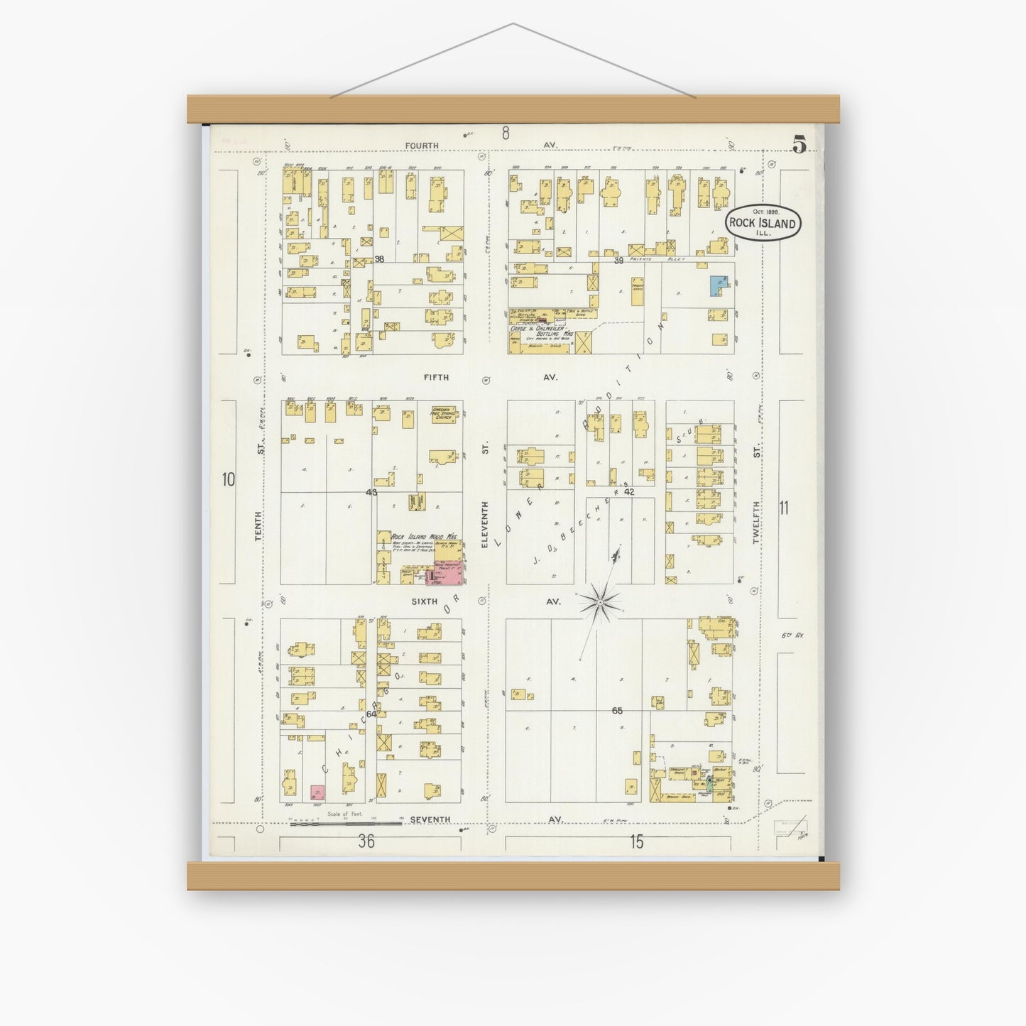 Old map wall art mockup — magnetic wood frame on white wall — Sanborn Fire Insurance Map from Rock Island, Rock Island County, Illinois (1898), Sheet #0005
