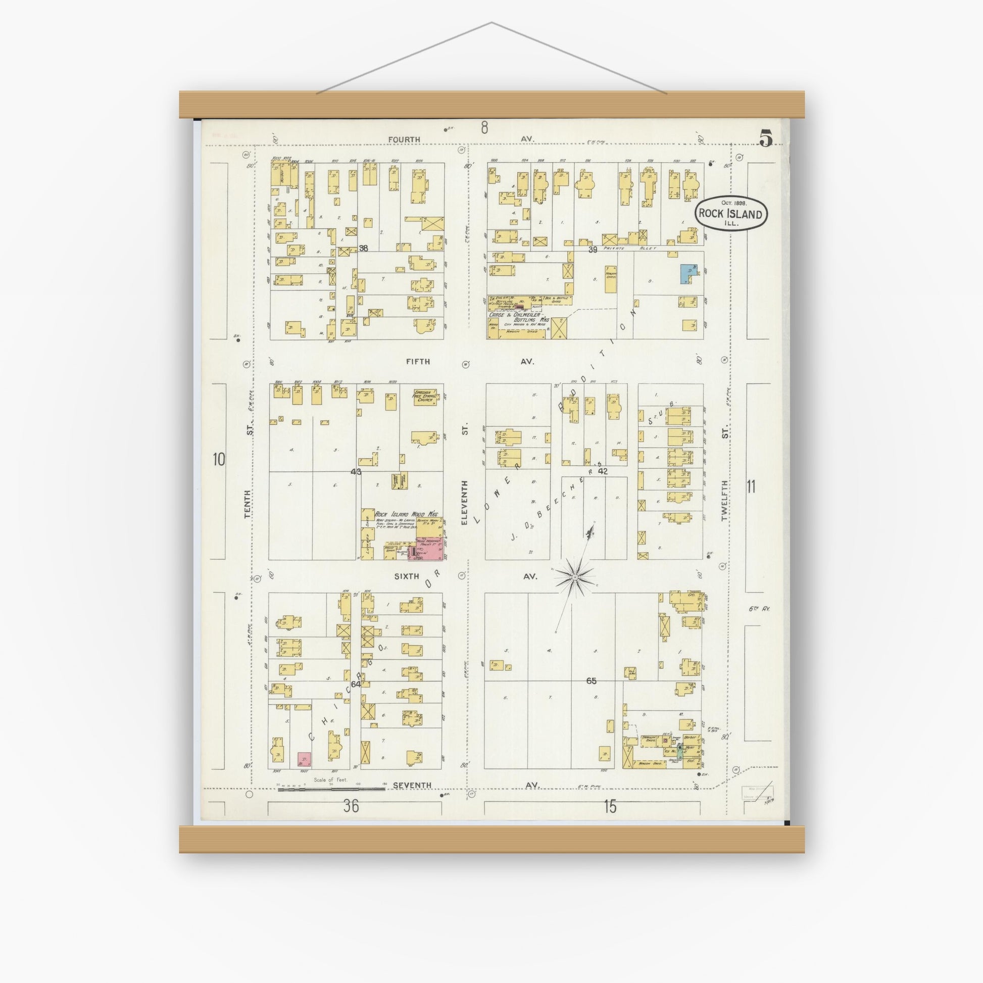 Old map wall art mockup — magnetic wood frame on white wall — Sanborn Fire Insurance Map from Rock Island, Rock Island County, Illinois (1898), Sheet #0005