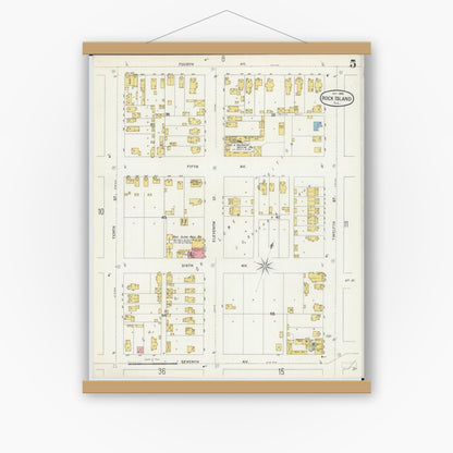 Old map wall art mockup — magnetic wood frame on white wall — Sanborn Fire Insurance Map from Rock Island, Rock Island County, Illinois (1898), Sheet #0005