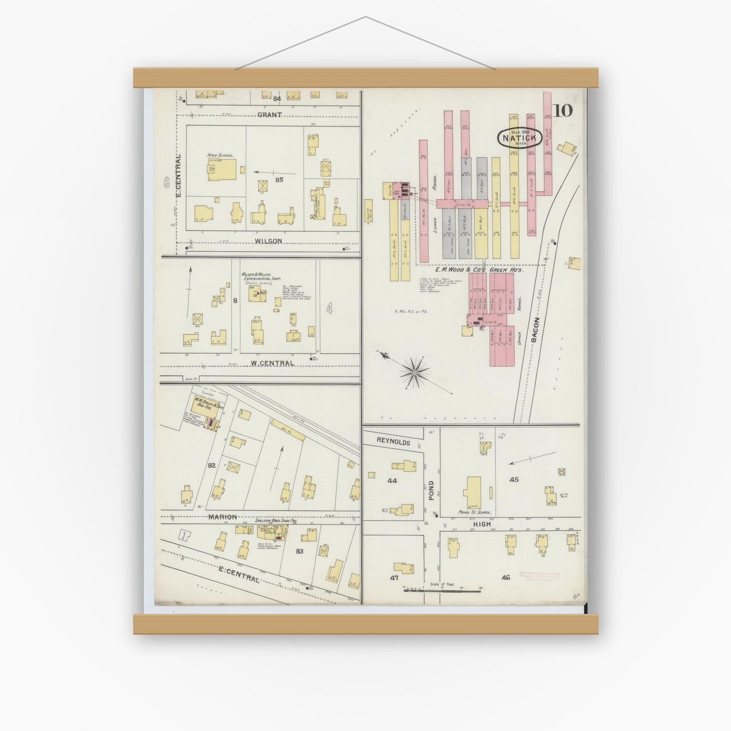 Old map wall art mockup — magnetic wood frame on white wall — Sanborn Fire Insurance Map from Natick, Middlesex County, Massachusetts (1894), Sheet #0010