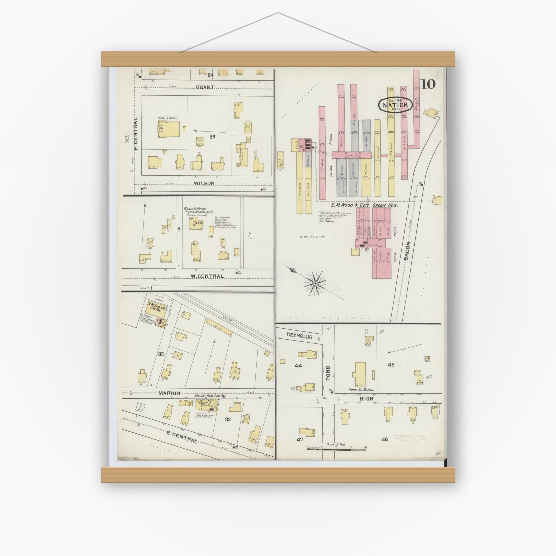 Old map wall art mockup — magnetic wood frame on white wall — Sanborn Fire Insurance Map from Natick, Middlesex County, Massachusetts (1894), Sheet #0010