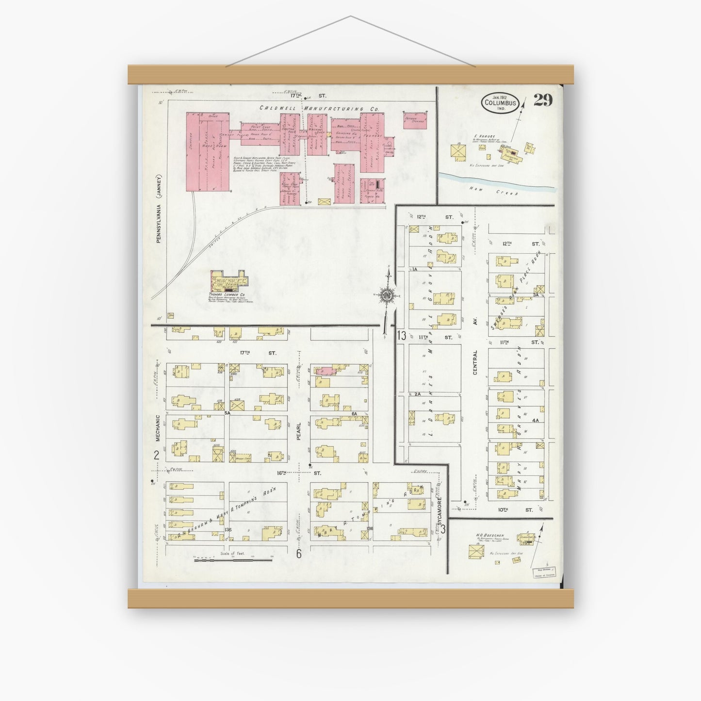 Old map wall art mockup — magnetic wood frame on white wall — Sanborn Fire Insurance Map from Columbus, Bartholomew County, Indiana (1912), Sheet #0029