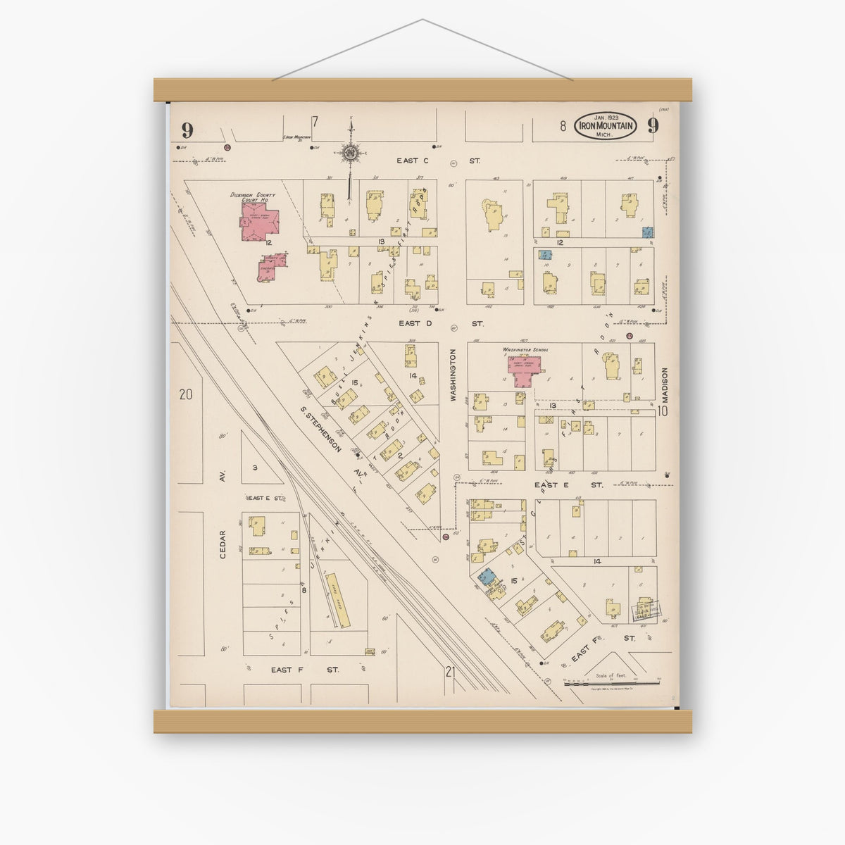 Old map wall art mockup — magnetic wood frame on white wall — Sanborn Fire Insurance Map from Iron Mountain, Dickinson County, Michigan (1923), Sheet #0009