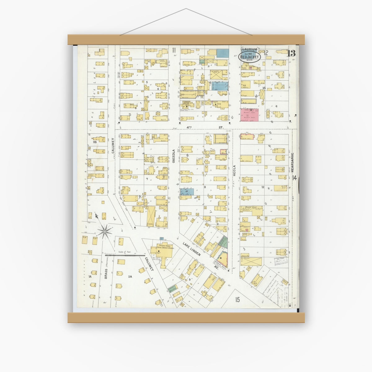 Old map wall art mockup — magnetic wood frame on white wall — Sanborn Fire Insurance Map from Red Jacket, Houghton County, Michigan (1900), Sheet #0013