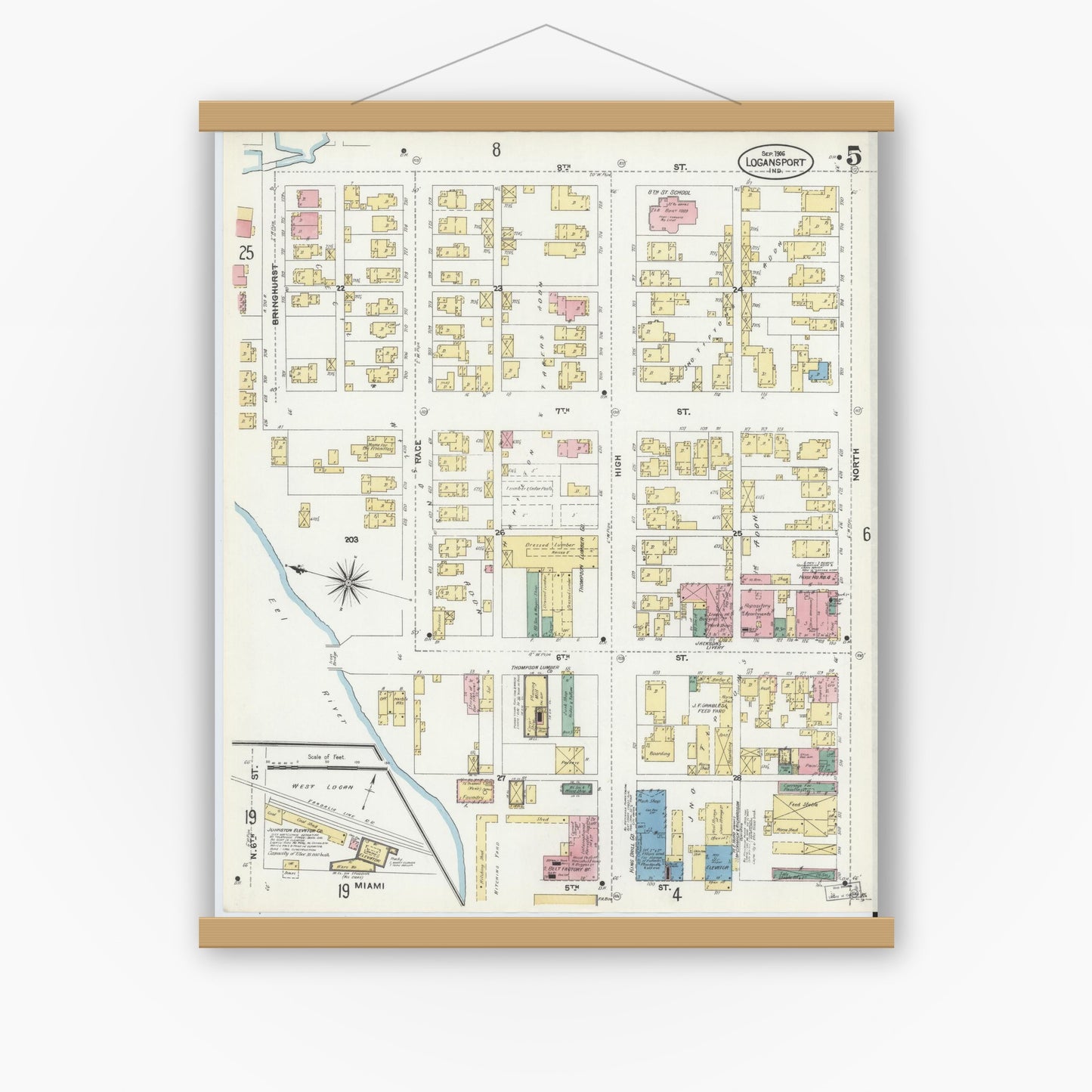 Old map wall art mockup — magnetic wood frame on white wall — Sanborn Fire Insurance Map from Logansport, Cass County, Indiana (1906), Sheet #0005