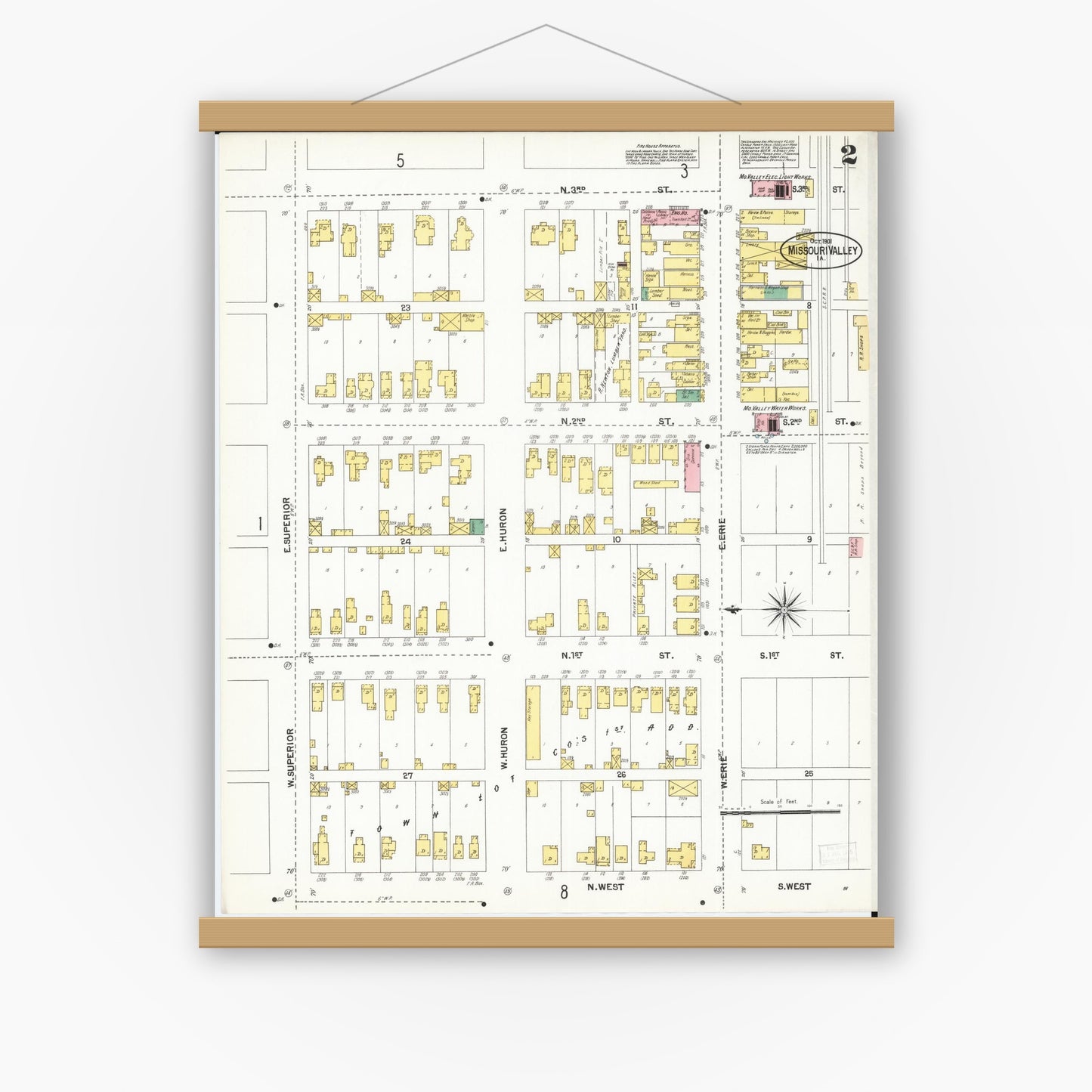 Old map wall art mockup — magnetic wood frame on white wall — Sanborn Fire Insurance Map from Missouri Valley, Harrison County, Iowa (1901), Sheet #0002