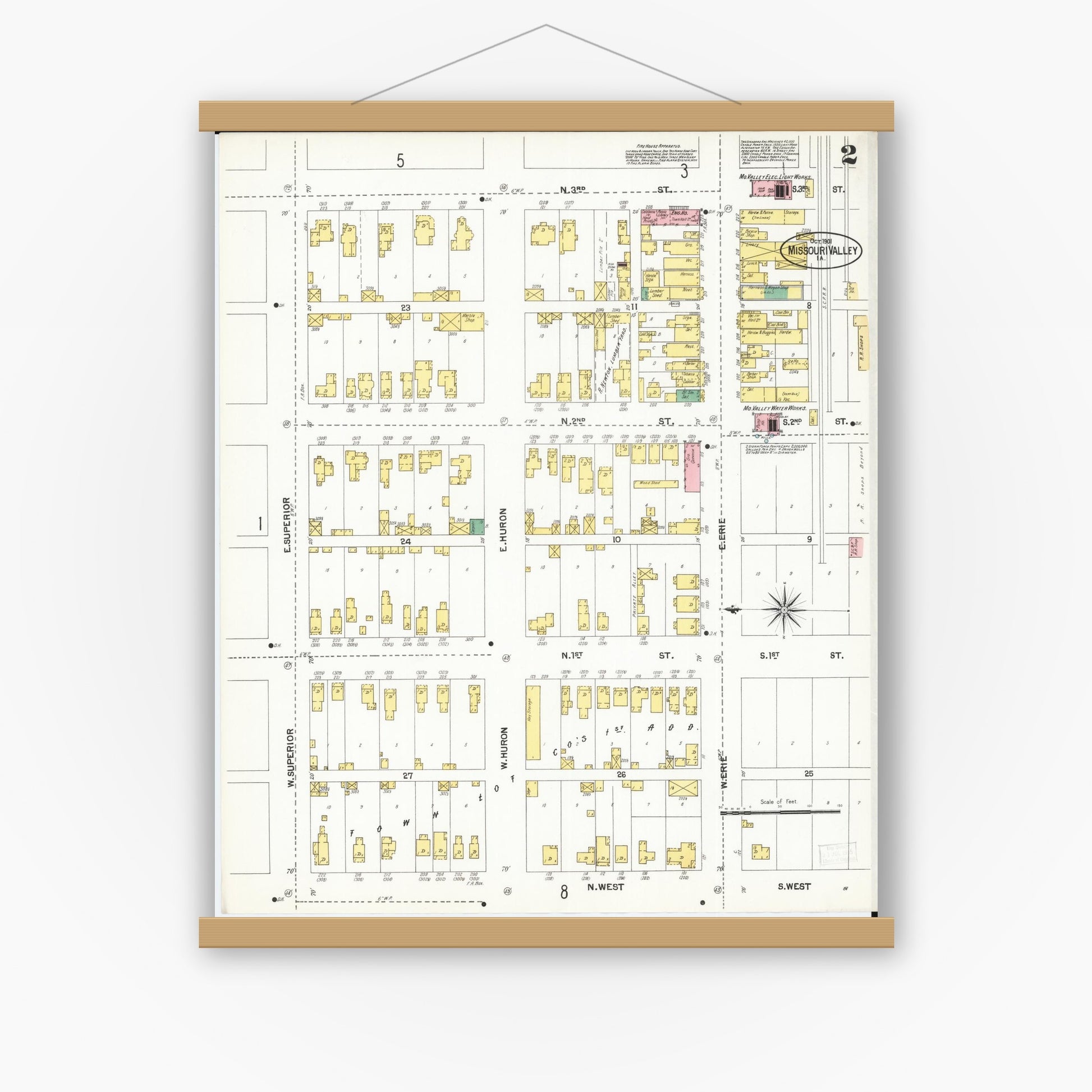 Old map wall art mockup — magnetic wood frame on white wall — Sanborn Fire Insurance Map from Missouri Valley, Harrison County, Iowa (1901), Sheet #0002
