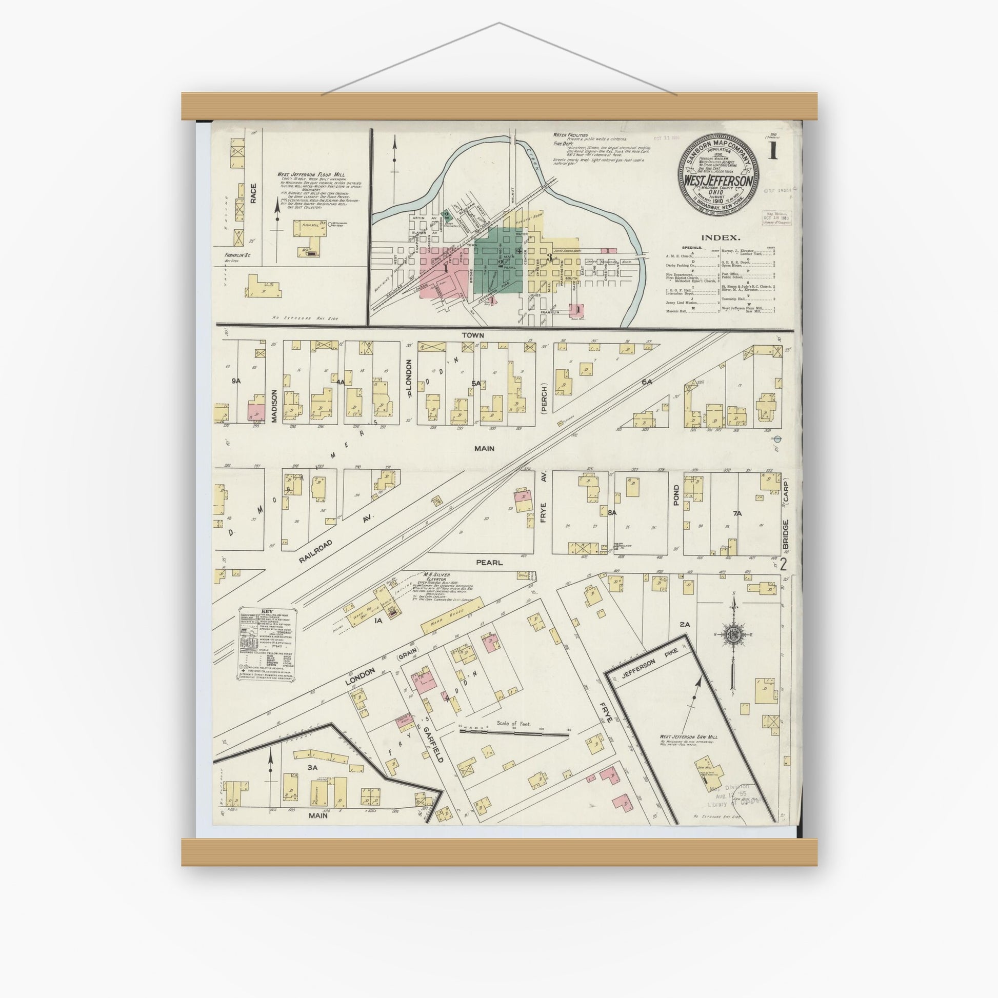 Old map wall art mockup — magnetic wood frame on white wall — Sanborn Fire Insurance Map from West Jefferson, Madison County, Ohio (1910) - Complete Map Set