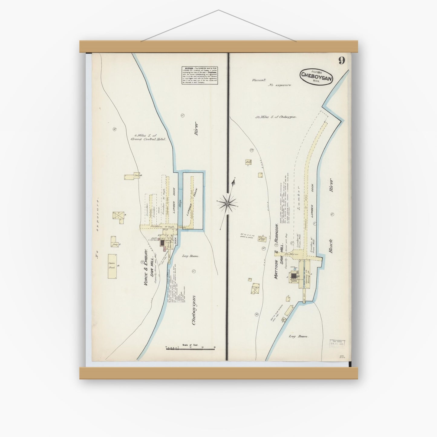 Old map wall art mockup — magnetic wood frame on white wall — Sanborn Fire Insurance Map from Cheboygan, Cheboygan County, Michigan (1884), Sheet #0009