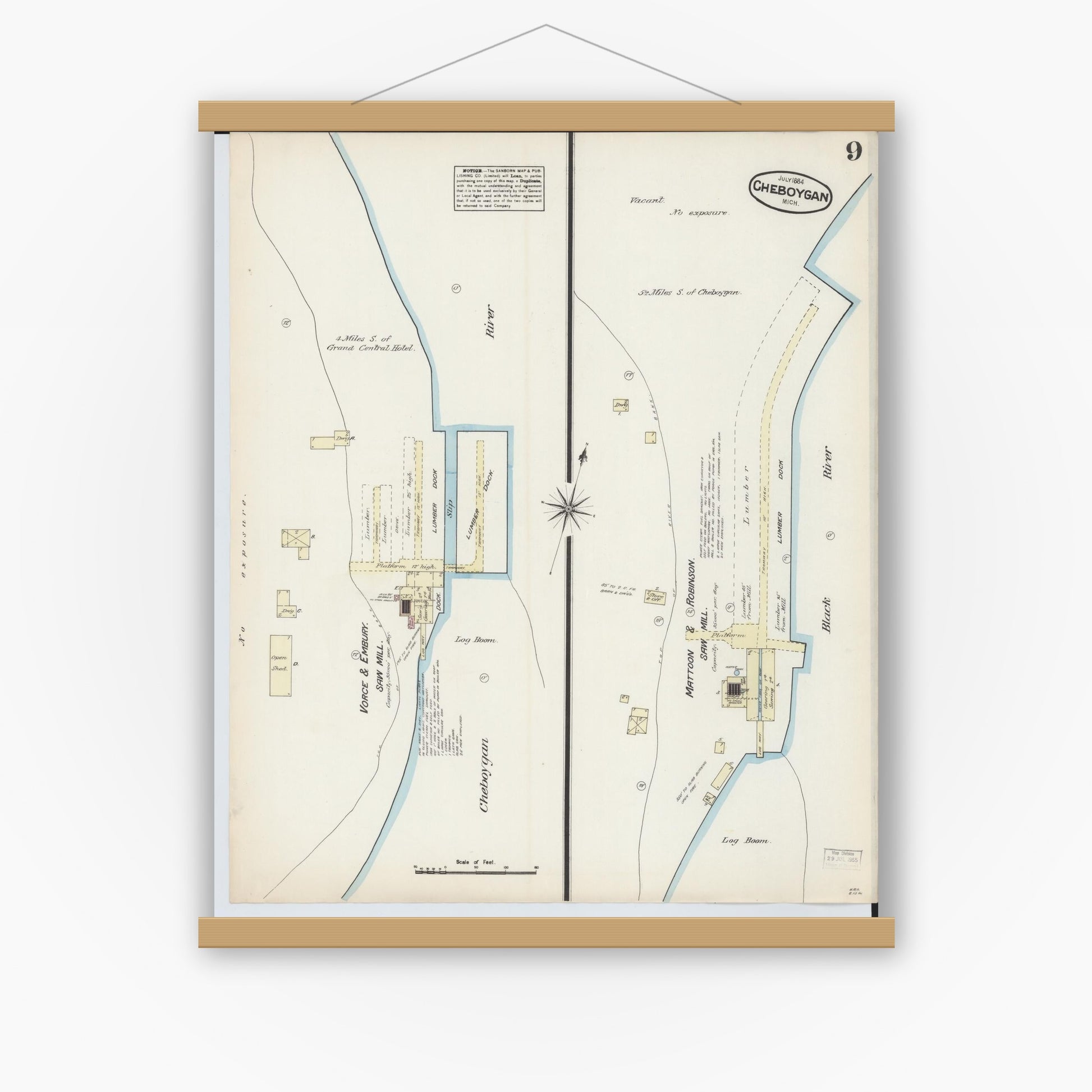 Old map wall art mockup — magnetic wood frame on white wall — Sanborn Fire Insurance Map from Cheboygan, Cheboygan County, Michigan (1884), Sheet #0009