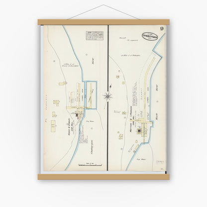 Old map wall art mockup — magnetic wood frame on white wall — Sanborn Fire Insurance Map from Cheboygan, Cheboygan County, Michigan (1884), Sheet #0009