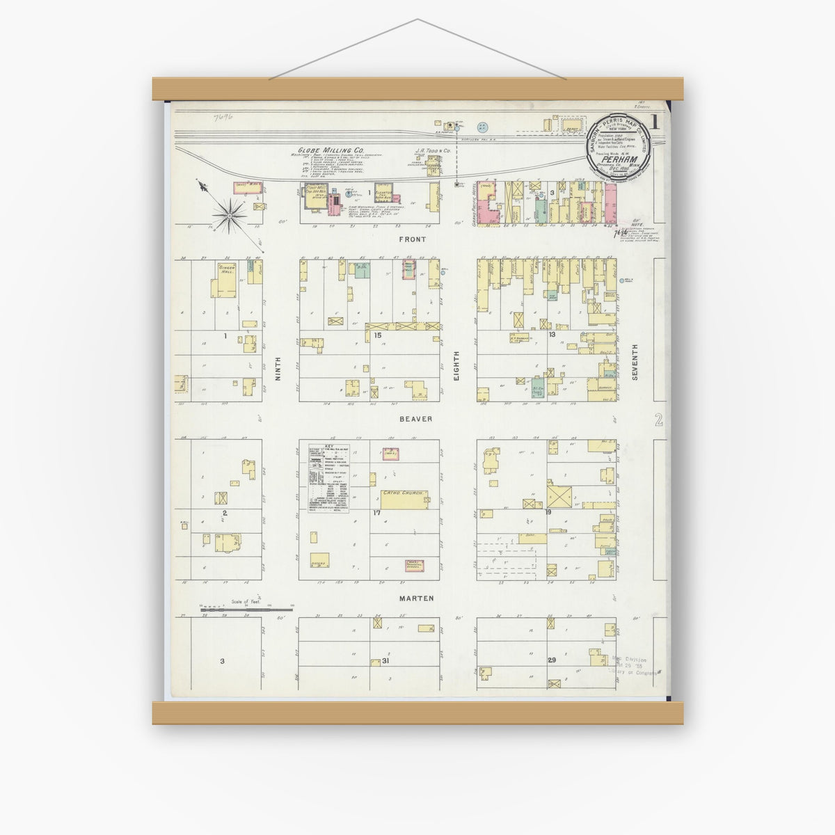 Old map wall art mockup — magnetic wood frame on white wall — Sanborn Fire Insurance Map from Perham, Otter Tail County, Minnesota (1895) - Complete Map Set