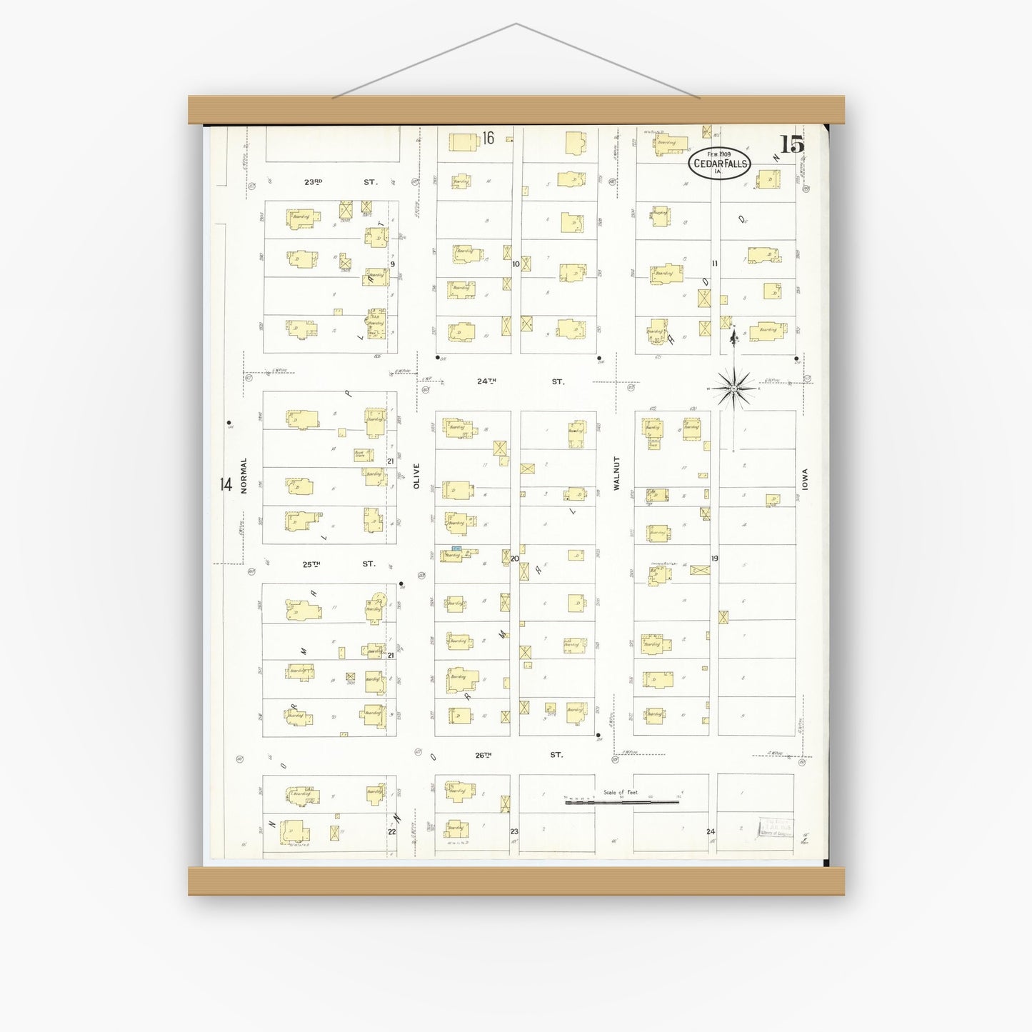 Old map wall art mockup — magnetic wood frame on white wall — Sanborn Fire Insurance Map from Cedar Falls, Black Hawk County, Iowa (1909), Sheet #0015