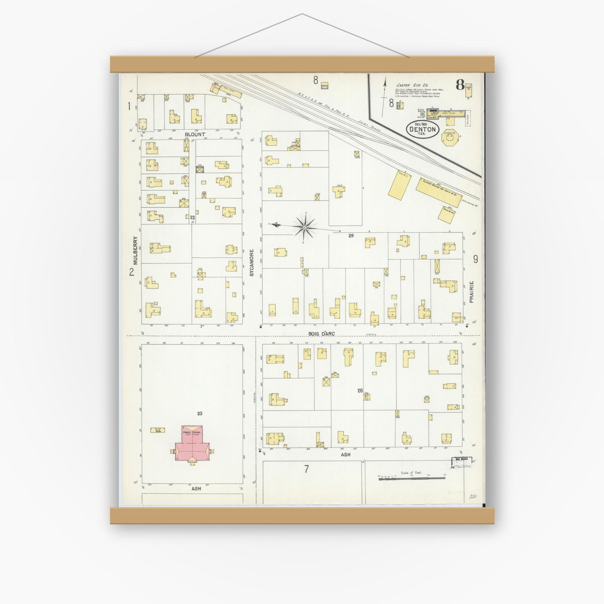 Old map wall art mockup — magnetic wood frame on white wall — Sanborn Fire Insurance Map from Denton, Denton County, Texas (1901), Sheet #0008