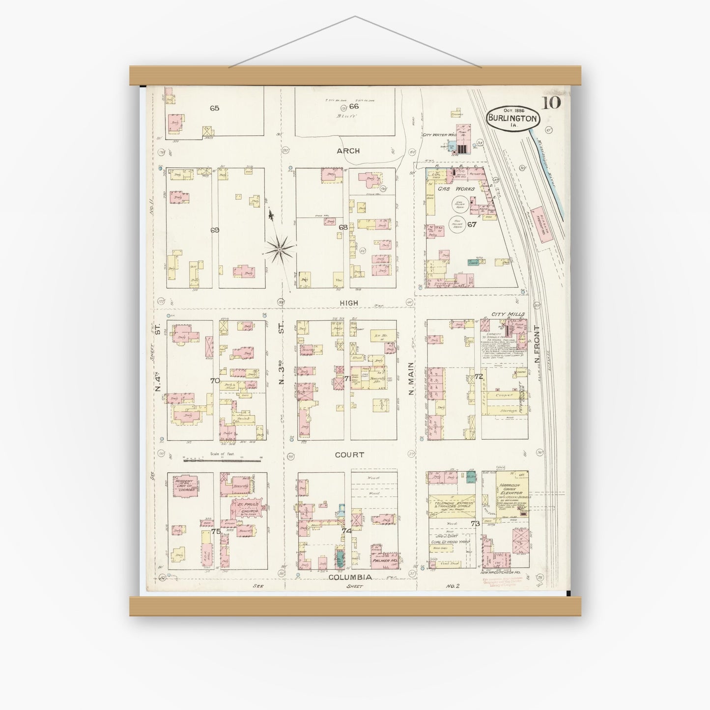Old map wall art mockup — magnetic wood frame on white wall — Sanborn Fire Insurance Map from Burlington, Des Moines County, Iowa (1888), Sheet #0010