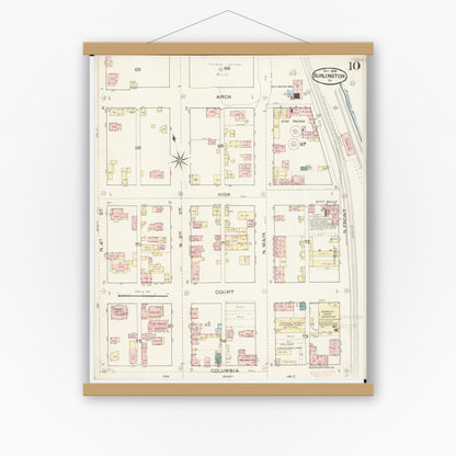 Old map wall art mockup — magnetic wood frame on white wall — Sanborn Fire Insurance Map from Burlington, Des Moines County, Iowa (1888), Sheet #0010