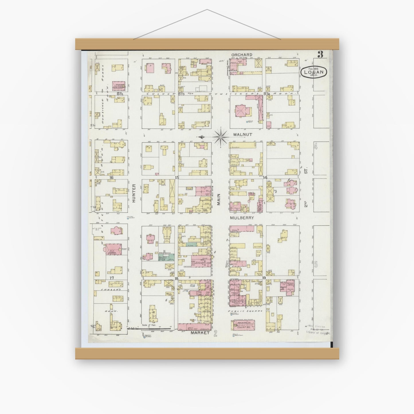 Old map wall art mockup — magnetic wood frame on white wall — Sanborn Fire Insurance Map from Logan, Hocking County, Ohio (1893), Sheet #0003