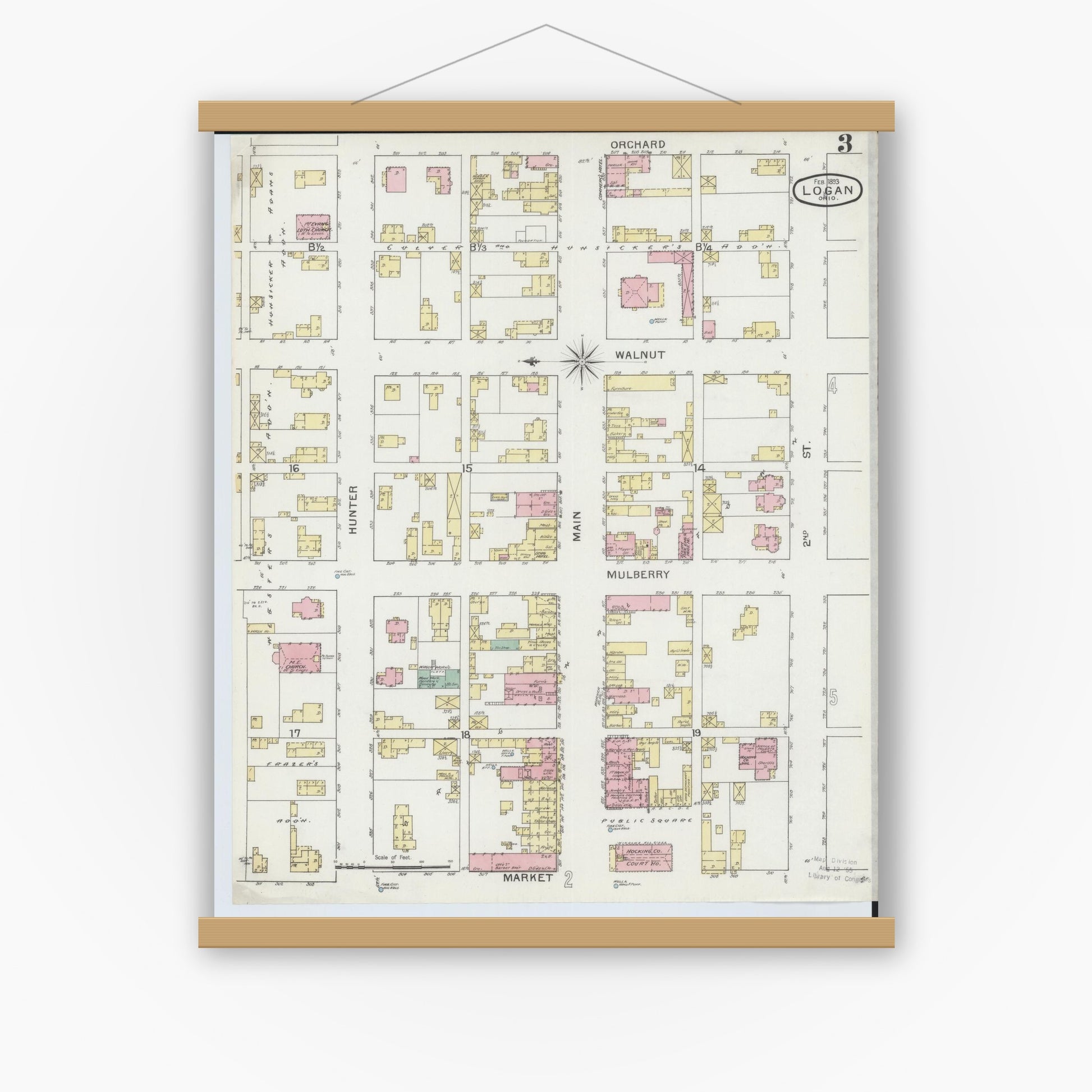 Old map wall art mockup — magnetic wood frame on white wall — Sanborn Fire Insurance Map from Logan, Hocking County, Ohio (1893), Sheet #0003
