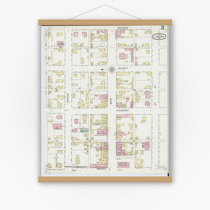 Old map wall art mockup — magnetic wood frame on white wall — Sanborn Fire Insurance Map from Logan, Hocking County, Ohio (1893), Sheet #0003