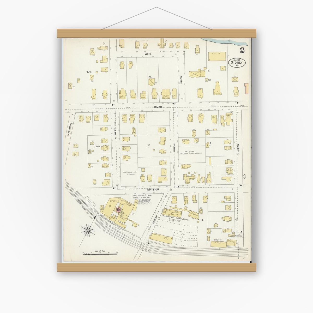 Old map wall art mockup — magnetic wood frame on white wall — Sanborn Fire Insurance Map from Sidney, Delaware County, New York (1903), Sheet #0002