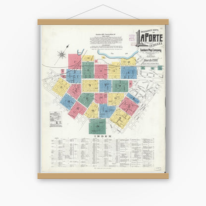Old map wall art mockup — magnetic wood frame on white wall — Sanborn Fire Insurance Map from La Porte, La Porte County, Indiana (1907) - Complete Map Set